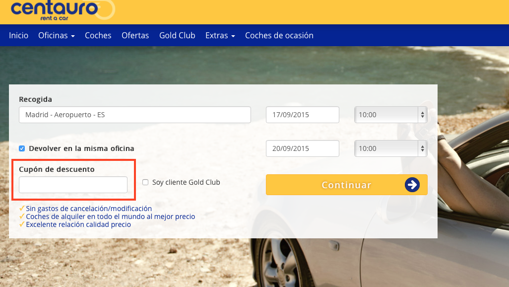 Cupón Descuento Centauro Rent a Car 4€ el día julio 2019